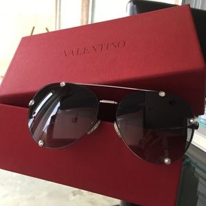 Valentino rhinestone bling silver aviator sunglasses